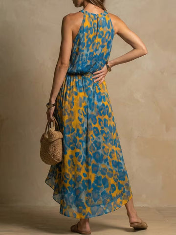 Halter Neck Waist-Cinched Printed Maxi Dress for Women
