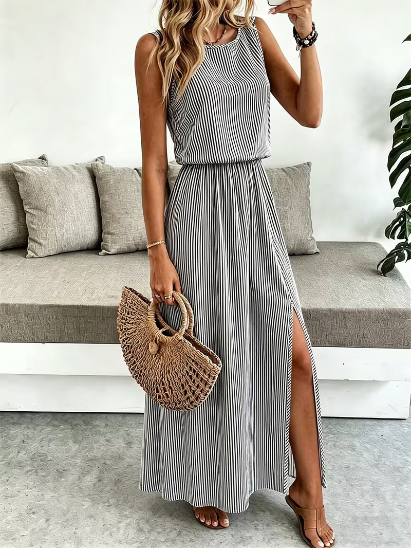 Women's Sleeveless Striped Maxi Dress – Flowy A-Line Summer Sundress with Elastic Waist & Side Slit