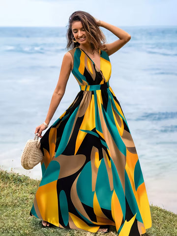 Women's Elegant Striped Maxi Dress – Cross V-Neck Off-Shoulder A-Line Summer Dress