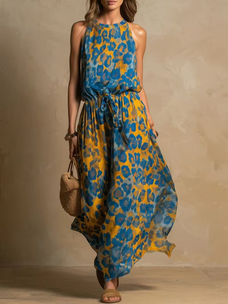 Halter Neck Waist-Cinched Printed Maxi Dress for Women