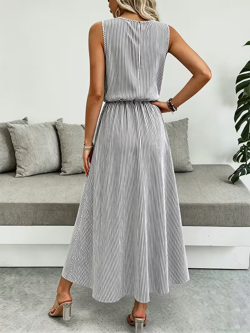 Women's Sleeveless Striped Maxi Dress – Flowy A-Line Summer Sundress with Elastic Waist & Side Slit