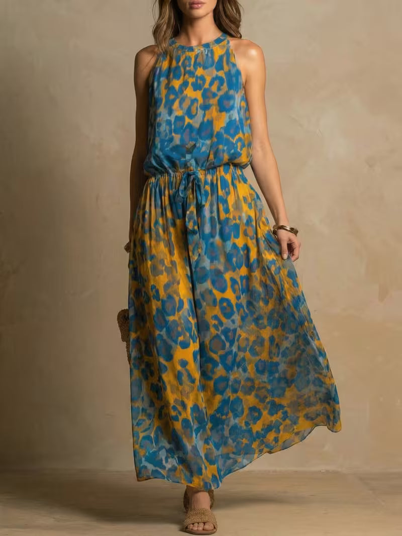 Halter Neck Waist-Cinched Printed Maxi Dress for Women