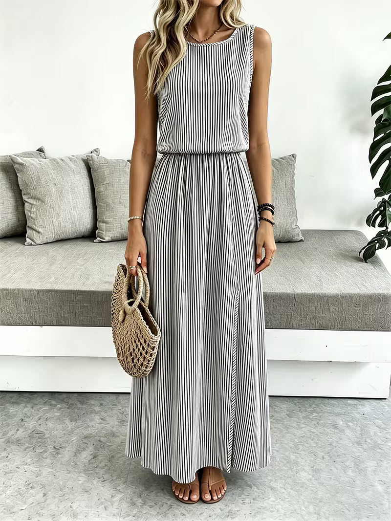 Women's Sleeveless Striped Maxi Dress – Flowy A-Line Summer Sundress with Elastic Waist & Side Slit