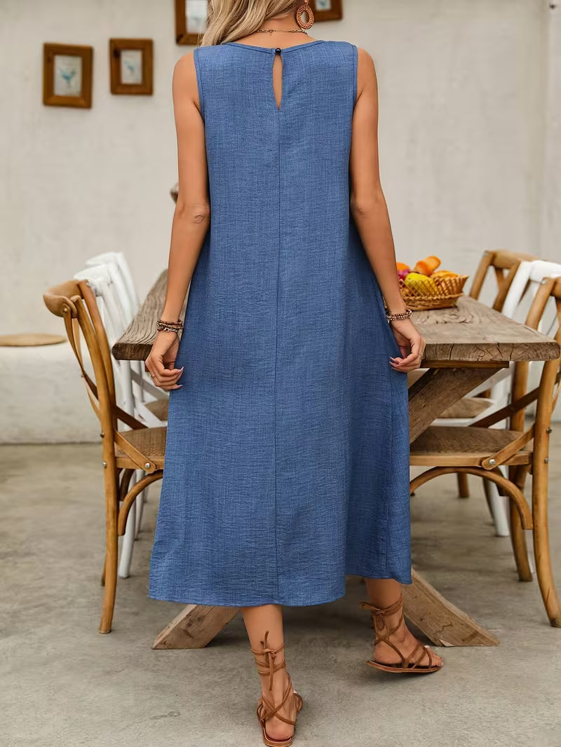 Women's Solid Sleeveless Dress, with Double Pockets, Casual Holiday Style