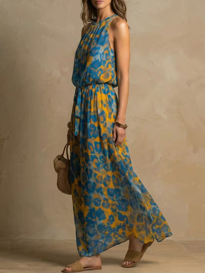 Halter Neck Waist-Cinched Printed Maxi Dress for Women