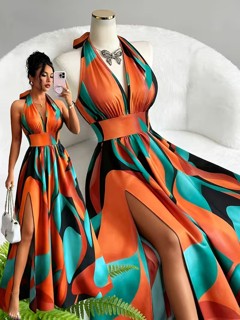 Women's French-Style Floral Maxi Dress – Elegant V-Neck Backless Spaghetti Strap A-Line Dress