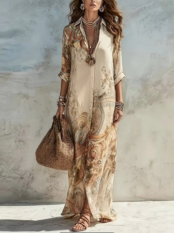 Women's New Bohemian Vintage Print Long Shirt Dress, Loose Lapel Three-Quarter Sleeve Cardigan Maxi Dress, Seaside Vacation Casual Beach Dress