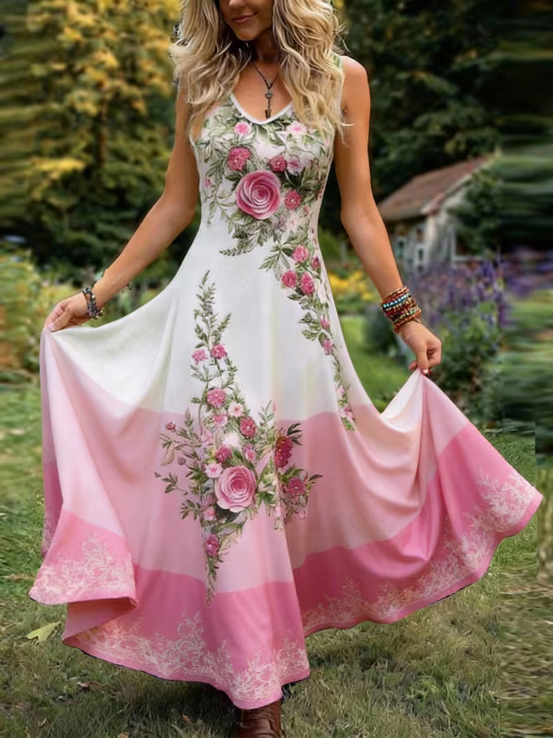 Women's Purple Lavender Floral Maxi Dress – Retro V-Neck Sleeveless Peplum Style