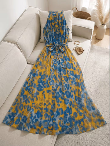 Women's Abstract Print Flowy Maxi Dress – Round Neck Halter Style with Waist Tie