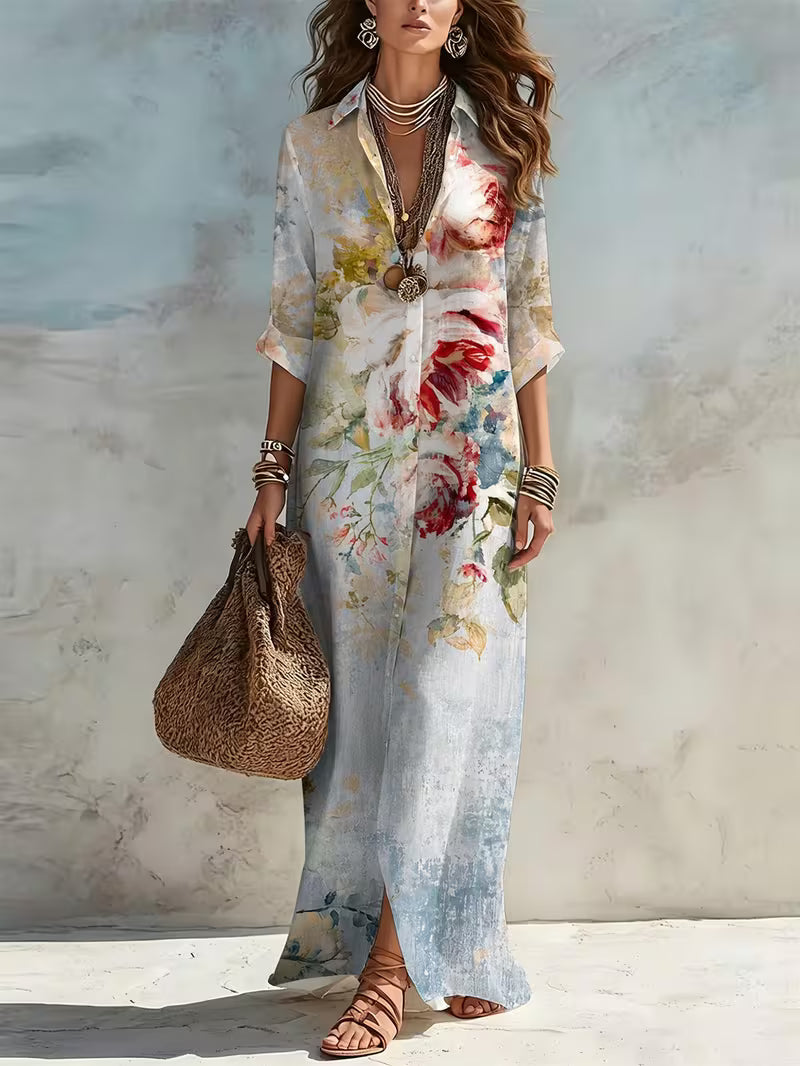 Floral Pattern Printed Dress Shirt, Maxi Long Shirt Dress Elegant Bohemian Romantic Style, Slight Stretch, Casual Comfort