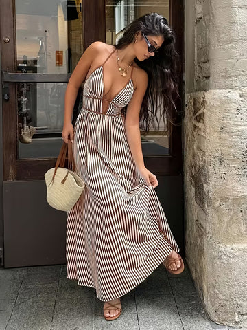 Women's V-Neck Striped Vacation Dress, Sleeveless Sexy Halter Neck Long Dress