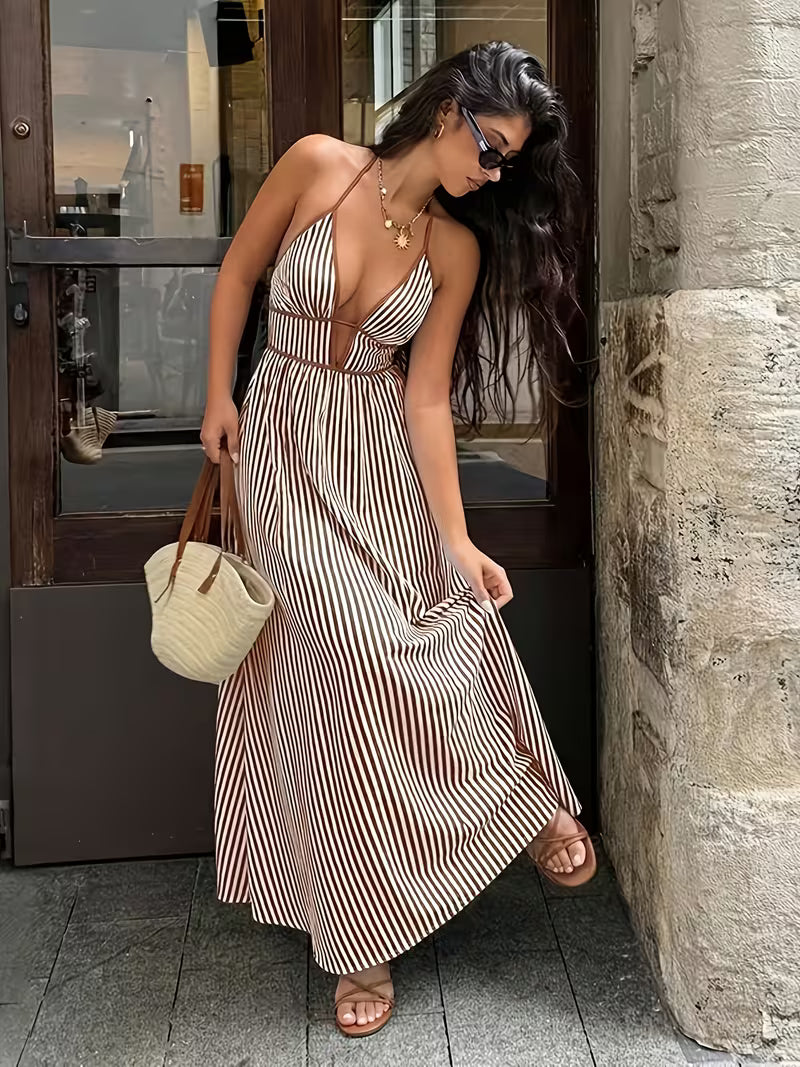 Women's V-Neck Striped Vacation Dress, Sleeveless Sexy Halter Neck Long Dress