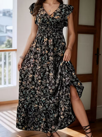 Women'S Elegant V-Neck Floral Print Maxi Dress