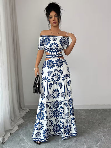 Floral Print Women's Off-Shoulder Tie-String Hollow Vacation Dress with Short Sleeve, Asymmetrical