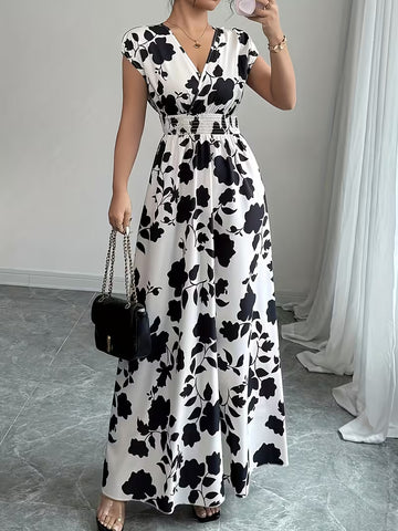 Elegant Pink Floral Maxi Dress – V-Neck Short Sleeve A-Line Dress with Cinched Waist