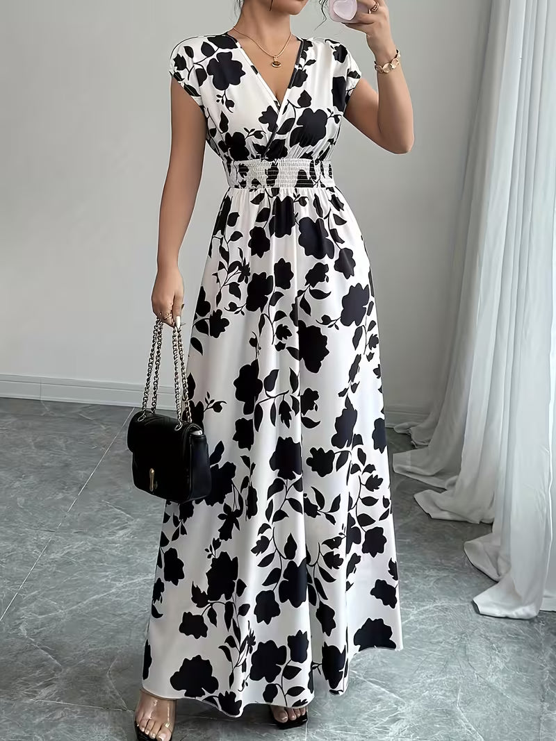 Elegant Pink Floral Maxi Dress – V-Neck Short Sleeve A-Line Dress with Cinched Waist