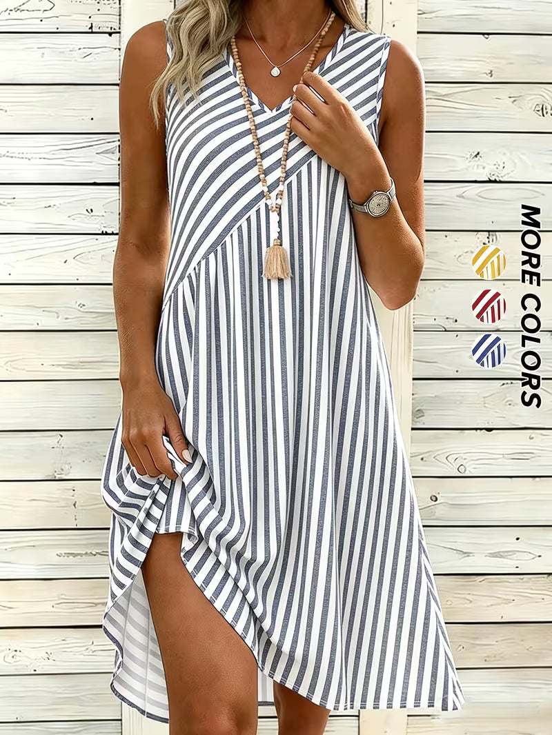Women's Blue & White Striped V-Neck Sleeveless Dress – Loose-Fit Summer A-Line Beach Dress