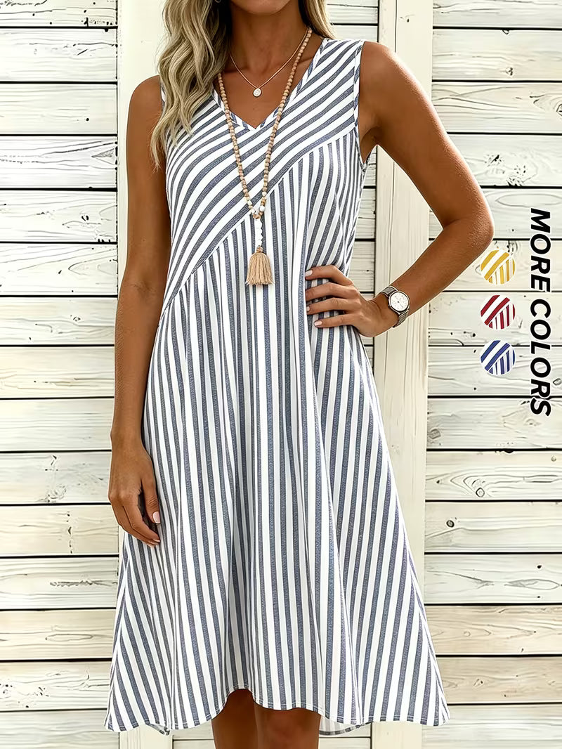 Women's Blue & White Striped V-Neck Sleeveless Dress – Loose-Fit Summer A-Line Beach Dress