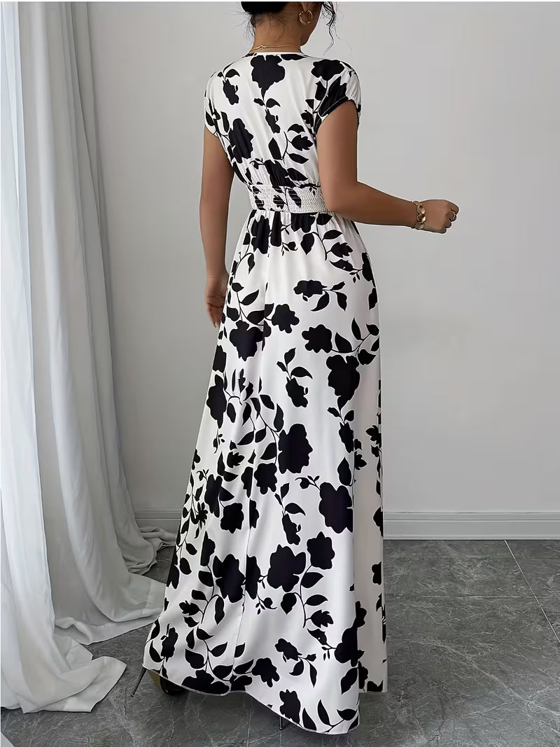 Elegant Pink Floral Maxi Dress – V-Neck Short Sleeve A-Line Dress with Cinched Waist