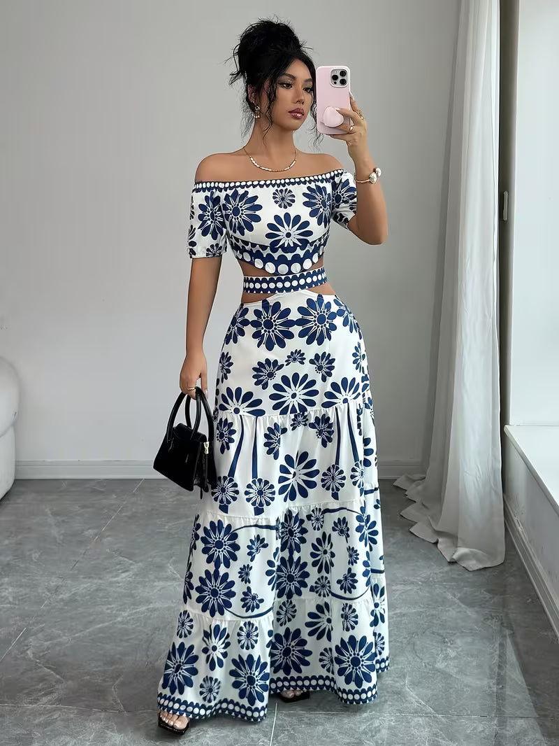 Floral Print Women's Off-Shoulder Tie-String Hollow Vacation Dress with Short Sleeve, Asymmetrical