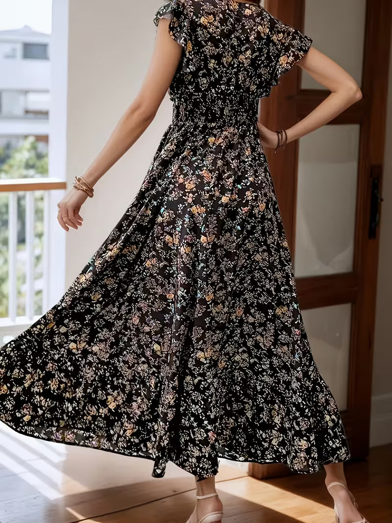 Women'S Elegant V-Neck Floral Print Maxi Dress