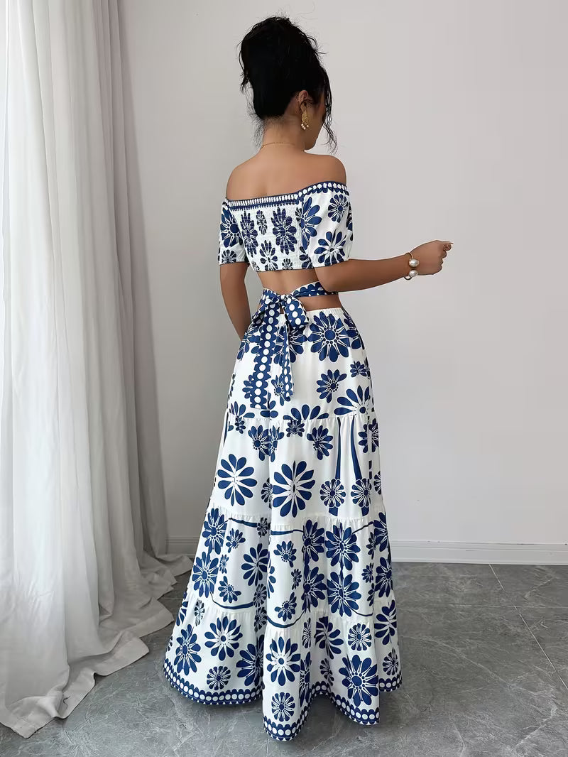 Floral Print Women's Off-Shoulder Tie-String Hollow Vacation Dress with Short Sleeve, Asymmetrical
