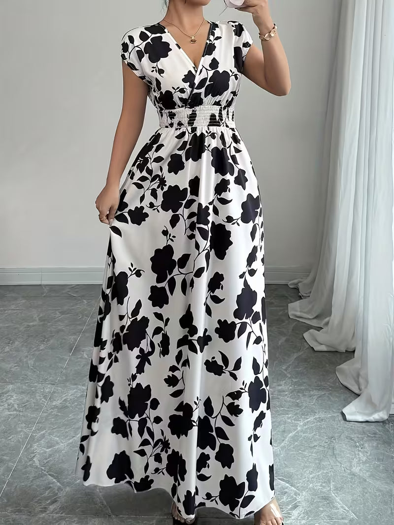 Elegant Pink Floral Maxi Dress – V-Neck Short Sleeve A-Line Dress with Cinched Waist