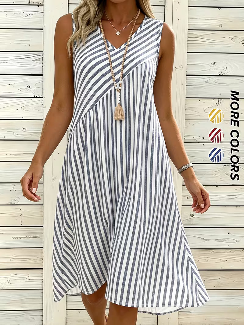 Women's Blue & White Striped V-Neck Sleeveless Dress – Loose-Fit Summer A-Line Beach Dress