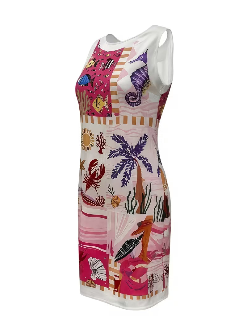Women's Coral Print Sleeveless Vacation Dress