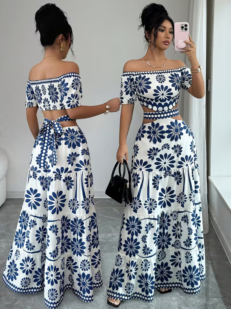 Floral Print Women's Off-Shoulder Tie-String Hollow Vacation Dress with Short Sleeve, Asymmetrical