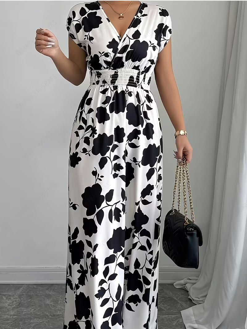 Elegant Pink Floral Maxi Dress – V-Neck Short Sleeve A-Line Dress with Cinched Waist