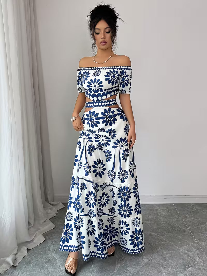 Floral Print Women's Off-Shoulder Tie-String Hollow Vacation Dress with Short Sleeve, Asymmetrical