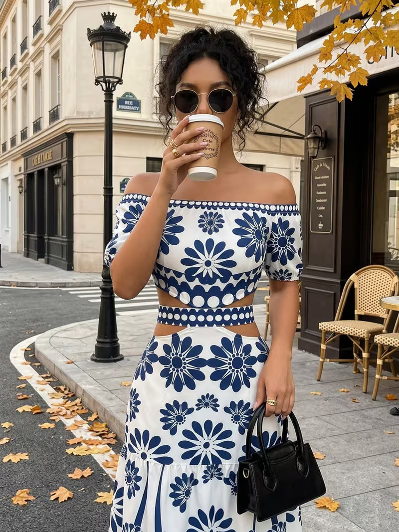Floral Print Women's Off-Shoulder Tie-String Hollow Vacation Dress with Short Sleeve, Asymmetrical