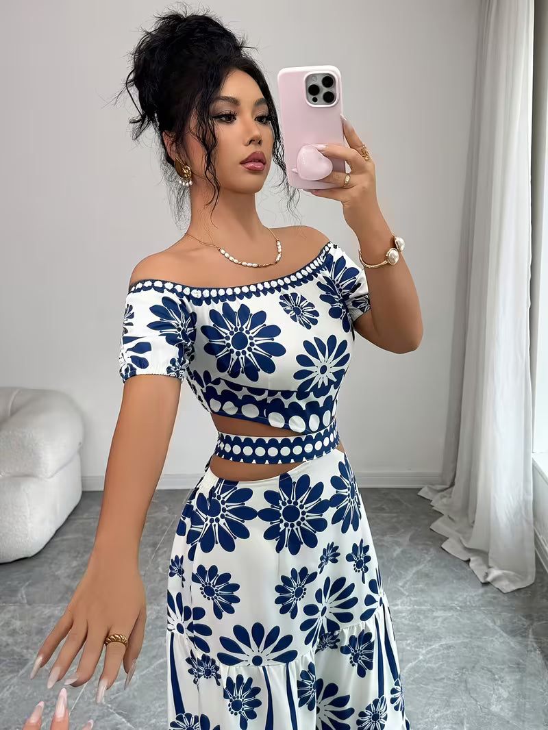 Floral Print Women's Off-Shoulder Tie-String Hollow Vacation Dress with Short Sleeve, Asymmetrical