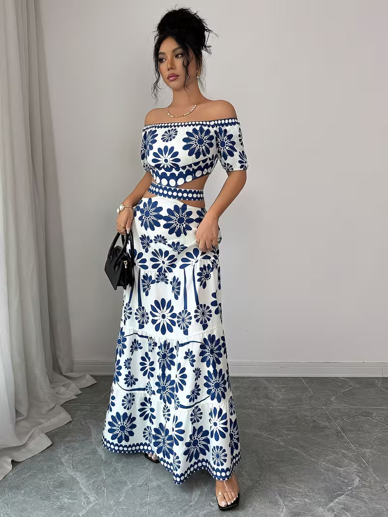 Floral Print Women's Off-Shoulder Tie-String Hollow Vacation Dress with Short Sleeve, Asymmetrical