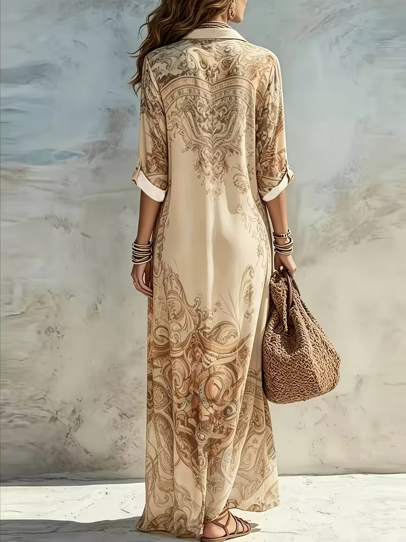 Women's New Bohemian Vintage Print Long Shirt Dress, Loose Lapel Three-Quarter Sleeve Cardigan Maxi Dress, Seaside Vacation Casual Beach Dress