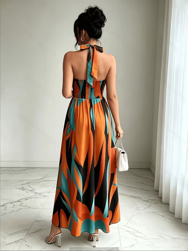 Women's French-Style Floral Maxi Dress – Elegant V-Neck Backless Spaghetti Strap A-Line Dress