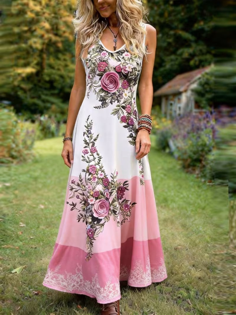 Women's Purple Lavender Floral Maxi Dress – Retro V-Neck Sleeveless Peplum Style
