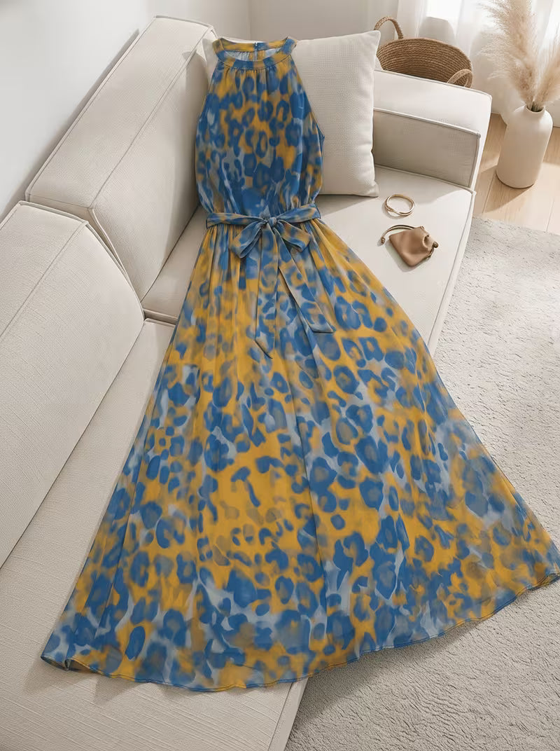 Women's Abstract Print Flowy Maxi Dress – Round Neck Halter Style with Waist Tie