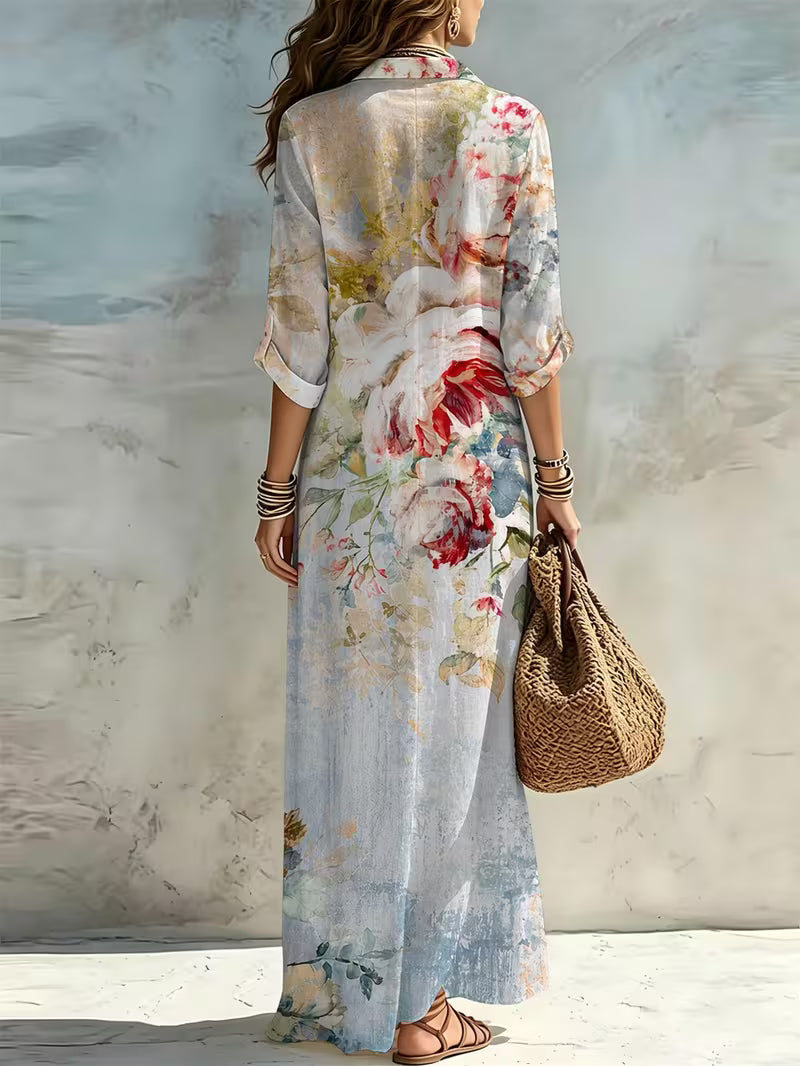 Floral Pattern Printed Dress Shirt, Maxi Long Shirt Dress Elegant Bohemian Romantic Style, Slight Stretch, Casual Comfort