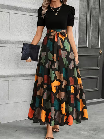 [Elegant Midi Dress] Elegant Women's Midi Dress with Geometric Print, Puff Sleeves, and Bow Detail - Suitable for Spring and Summer