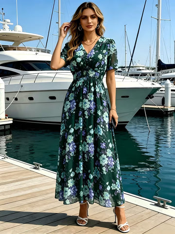 Women's Floral Maxi Dress – Short Sleeve V-Neck Boho Summer Sundress