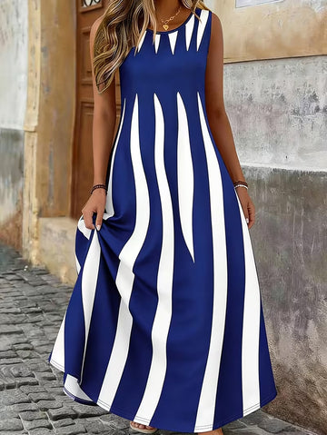 Women's Long Vest Dress, Elegant Fit Geometric Print, Casual Summer Vacation Style, Sleeveless with Pocket, Long Skirt for Outings