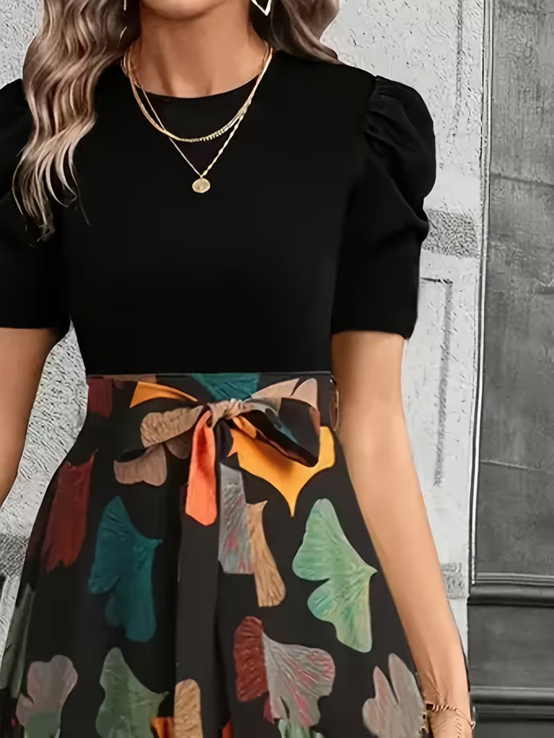 [Elegant Midi Dress] Elegant Women's Midi Dress with Geometric Print, Puff Sleeves, and Bow Detail - Suitable for Spring and Summer