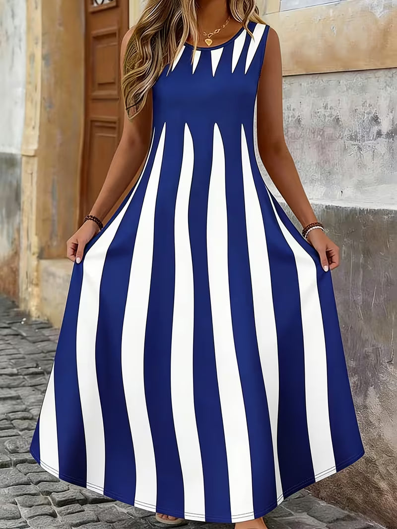 Women's Long Vest Dress, Elegant Fit Geometric Print, Casual Summer Vacation Style, Sleeveless with Pocket, Long Skirt for Outings
