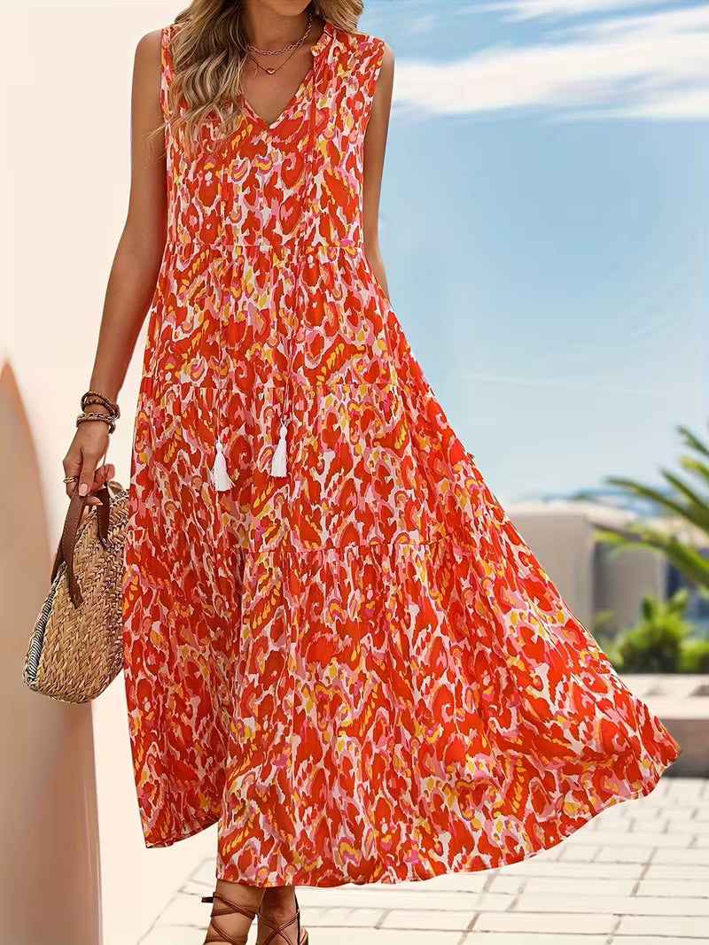 Spring/Summer Vacation Women's Sleeveless Bohemian Style Fringed Tie-Up Printed Dress