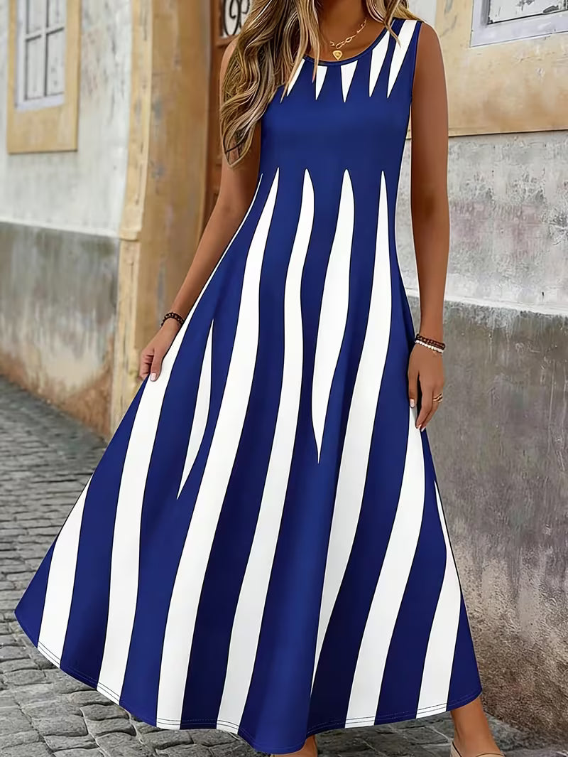 Women's Long Vest Dress, Elegant Fit Geometric Print, Casual Summer Vacation Style, Sleeveless with Pocket, Long Skirt for Outings