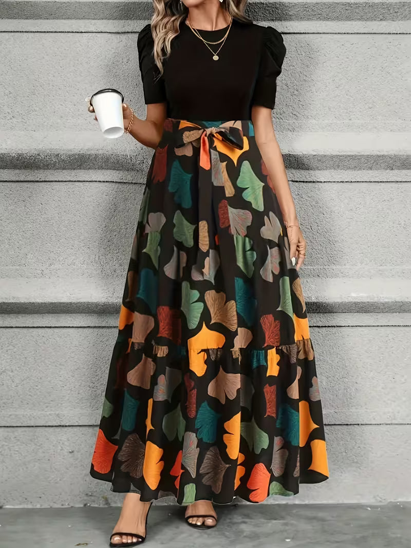 [Elegant Midi Dress] Elegant Women's Midi Dress with Geometric Print, Puff Sleeves, and Bow Detail - Suitable for Spring and Summer