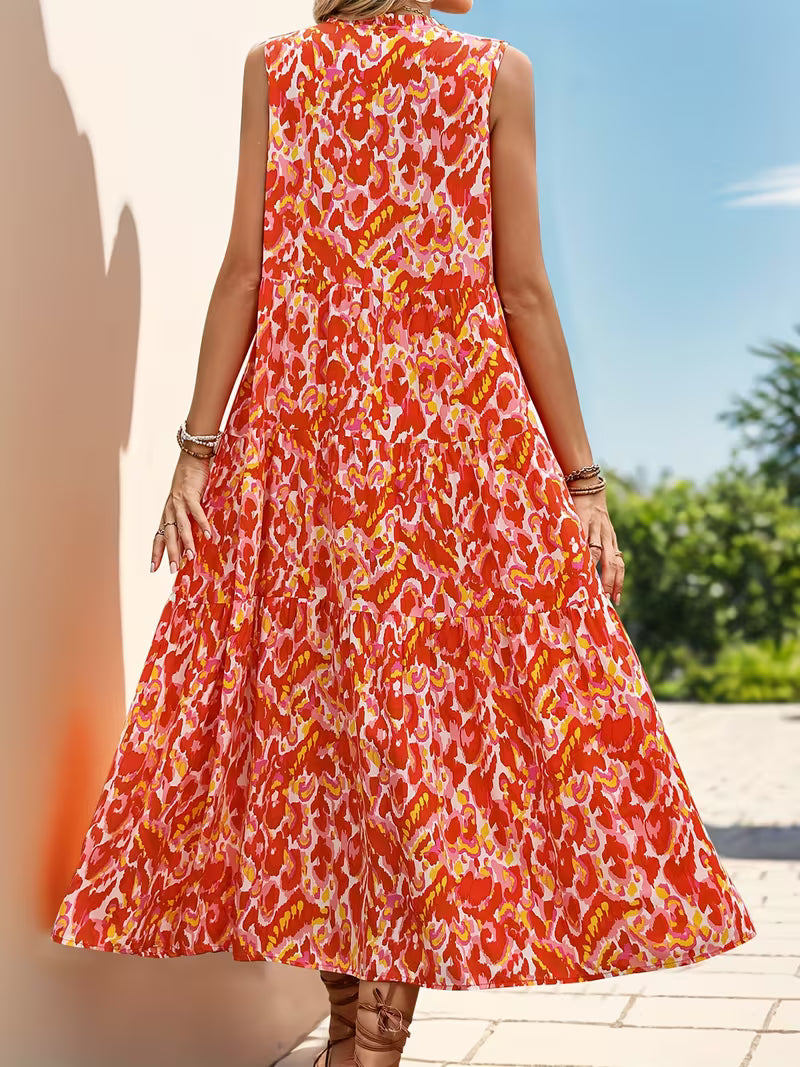 Spring/Summer Vacation Women's Sleeveless Bohemian Style Fringed Tie-Up Printed Dress