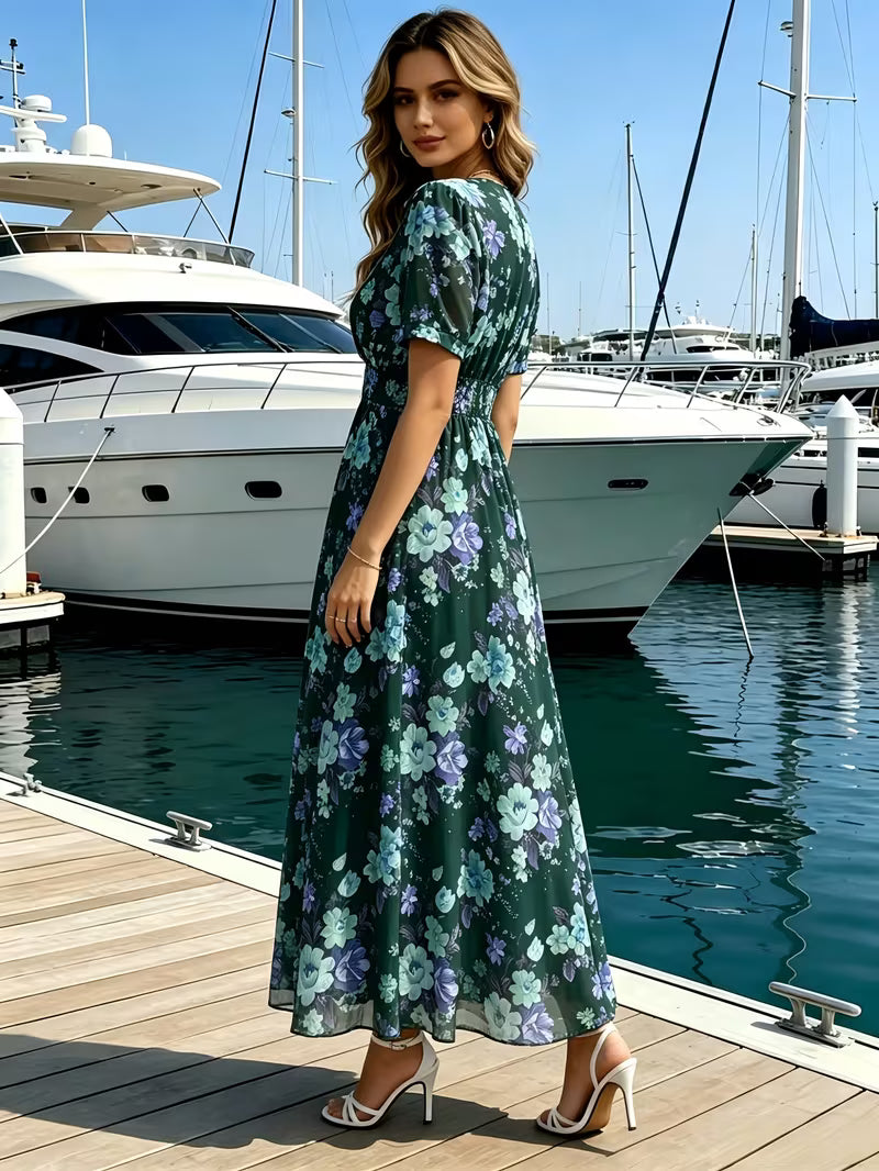 Women's Floral Maxi Dress – Short Sleeve V-Neck Boho Summer Sundress